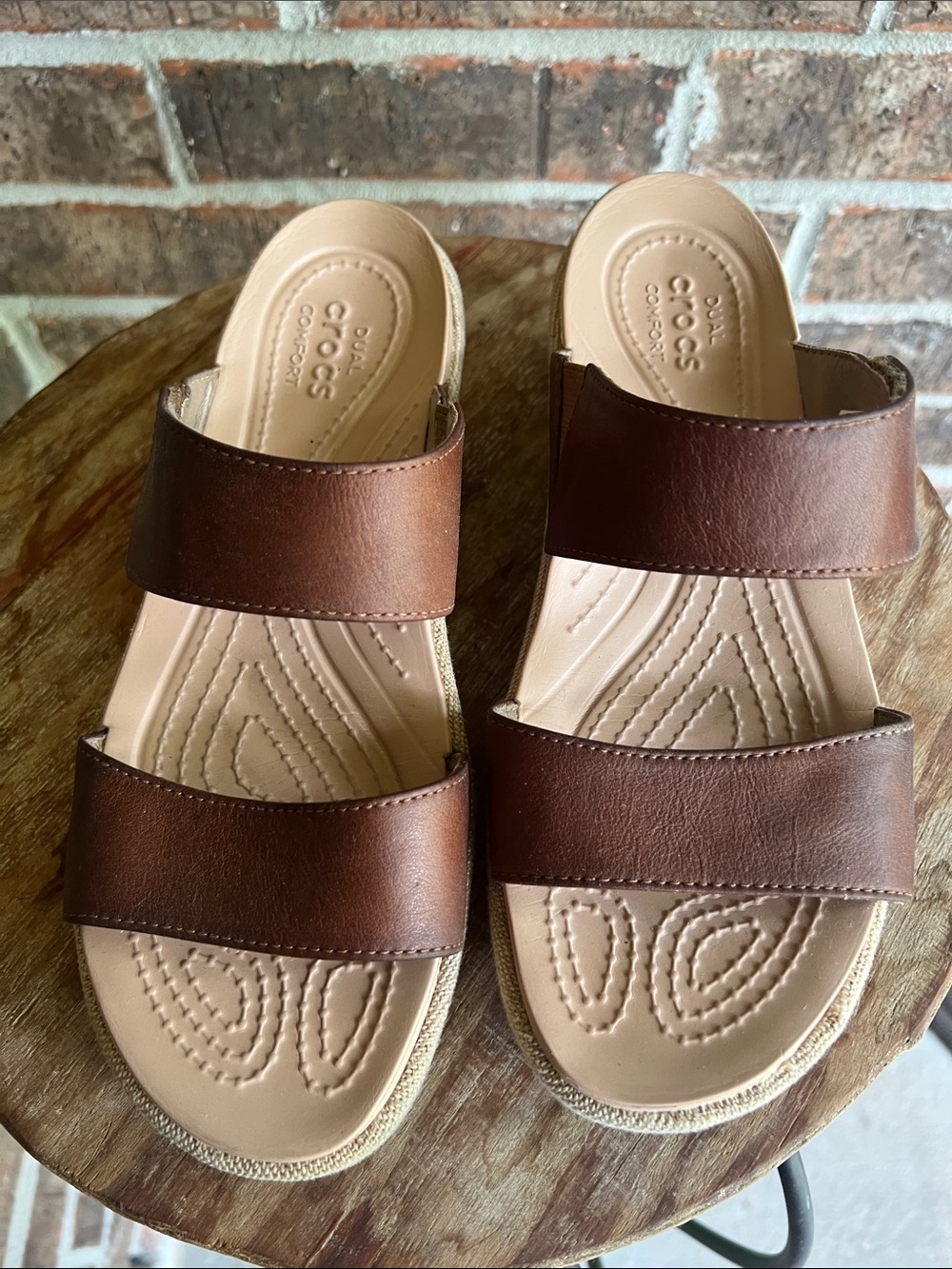 CROCS Brown Leather-Look Double Strap Sandals